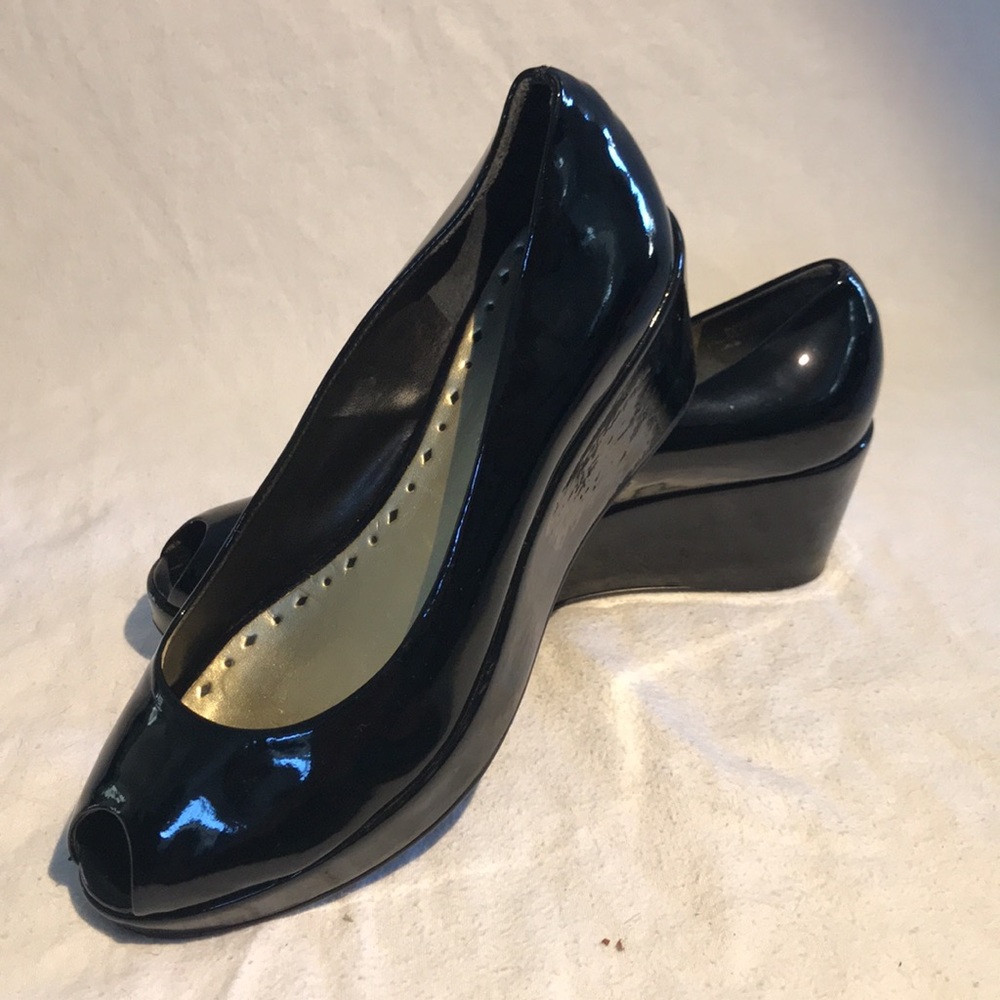 BCBGirls Patent Black Peep Toe Wedge